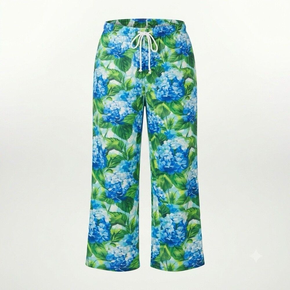 Womens Hydrangea Floral Lounge Pants Size XL Blue Green Wide Leg Drawstring NEW